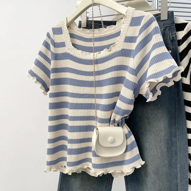 Women French Blue Stripe T-shirt Y2K Gyaru Vintage Korean Style Square Neck T-shirt Ruffle Knit Short Sleeve Tee Top Summer 2026