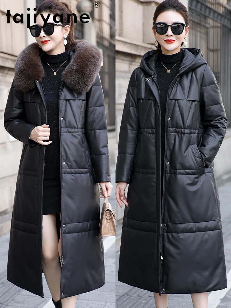 TAJIYANE 100% جلد الغنم أوزة أسفل معطف المرأة مقنعين سليم الثعلب الفراء طوق معاطف سترة جلدية حقيقية الشتاء ملابس امرأة 2025 كورت