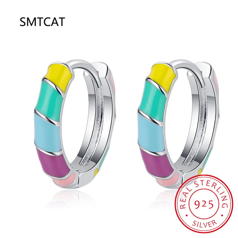 925 Sterling Silver Multi-color Enamel Round Hoop Earring Rainbow Ribbon Ear Buckles for Girl Trendy Jewelry Gift SCE1694