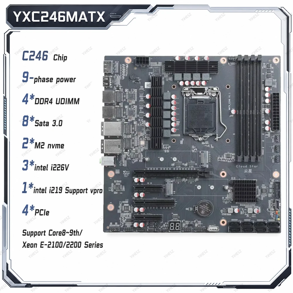 MATX C246 Vpro NAS Motherboard LGA1151 Support 8/9 Gen Core CPU 2 M.2 NVMe 8 SATA3.0 Quad 2.5G LAN Router Workstation Mainboard