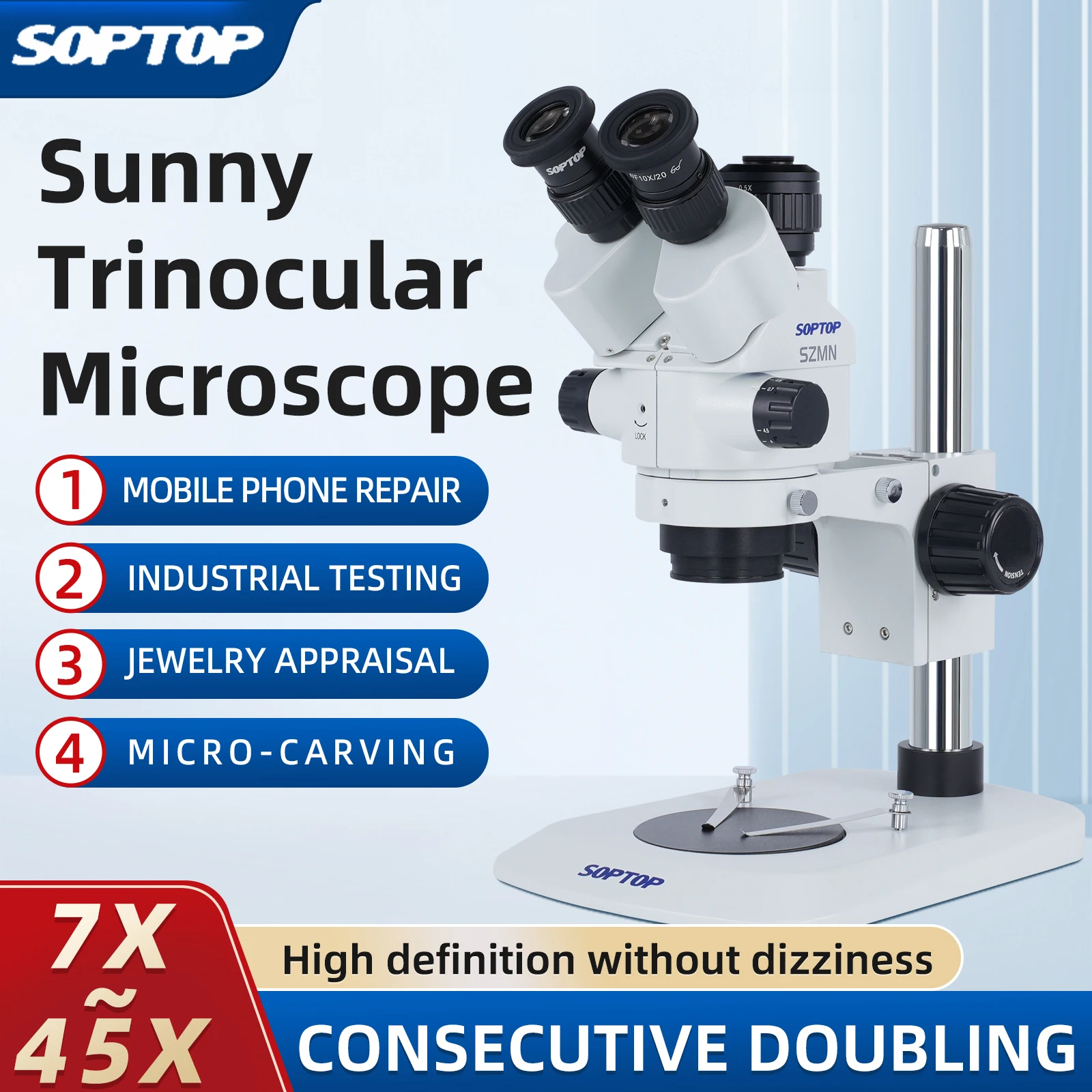 SOPTOP TD-SZNM Trinocular Stereo Microscope 7-45X Continuous Zoom Mobile Phone PCB Repair Industrial Compound Microscope