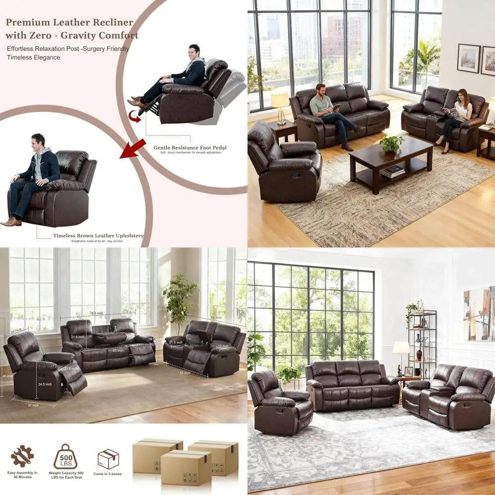

Leather Reclining Sofa, Sectional Sofa Set with Built-in Table and Cup Holders, 3-Piece Living Room Furniture Set in Brown Leath