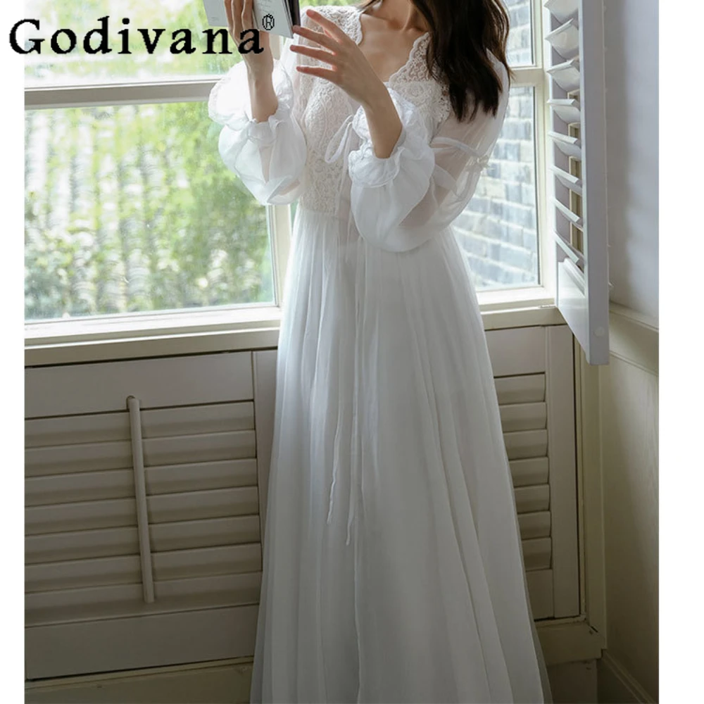 

Beautiful Fairy Wind French Seduction Nightgowns Robe Lace Court Sexy Princess Dress Sleepshirts Nightgown Female Spring Summer