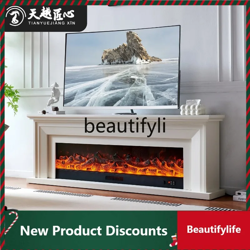 LTFrench Style Fireplace TV Cabinet Simple Solid Wood Fireplace Decorative Cabinet Home Use Simulated Heating D80
