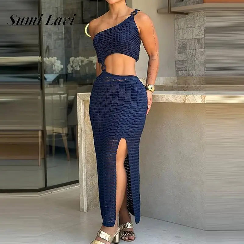 Sexy Sloping Collar Top and Long Skirt Set Women Casual Sleeveless Slim Knitted Outfits Elegant Hollow Out Solid Beach 2Pc Suits