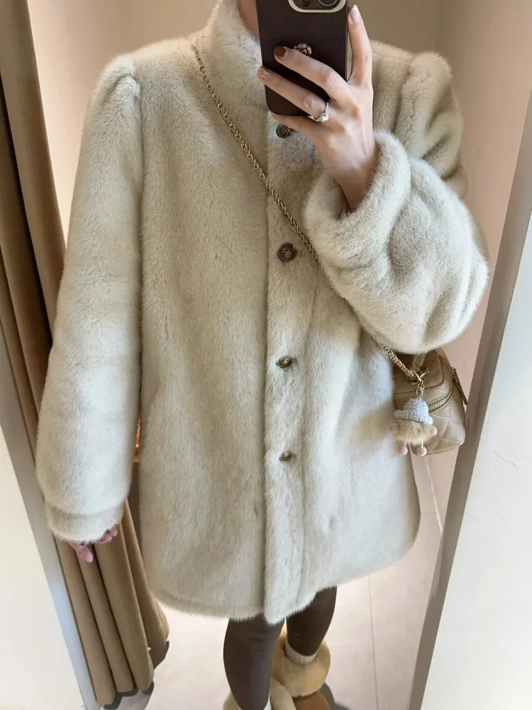 Winter Mink Cashmere Coat Jacket Women Stand Collar Female Fur Overcoat Warm Outerwears Single Breasted Tops 2023