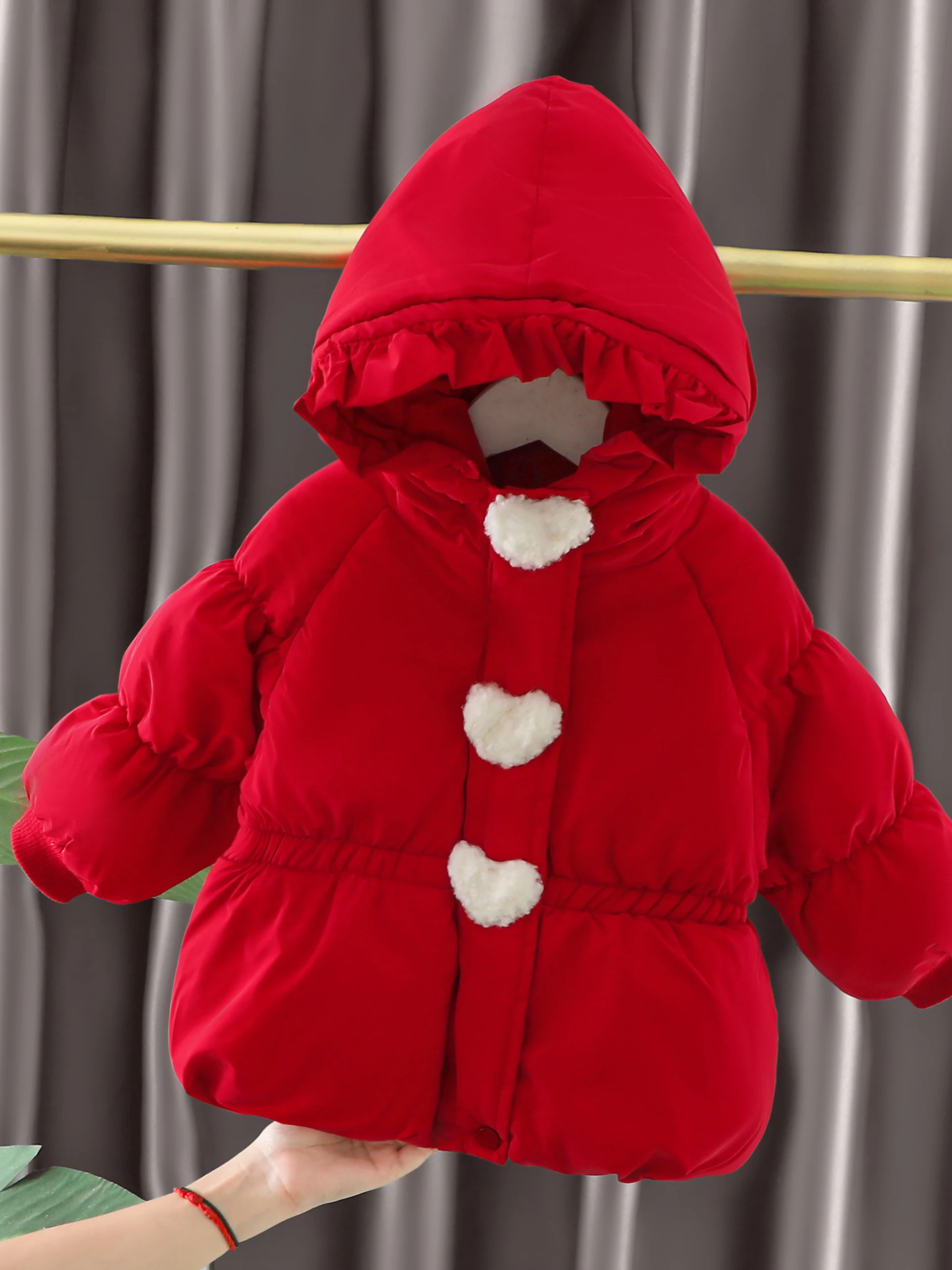 

Thiened Cotton Jaet for Girls Autumn Winter Sle Sweet Match All Warm Heart Button Red Cotton Coat Long Sve Hooded