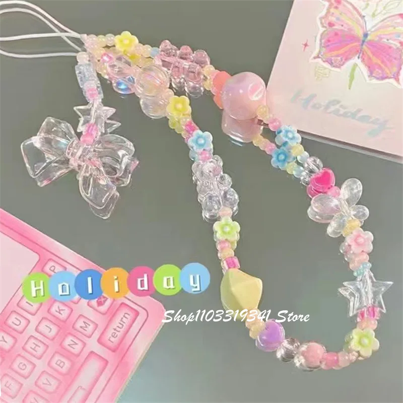 Korean Cute Bowknot Flower Bear Beaded Phone Charm