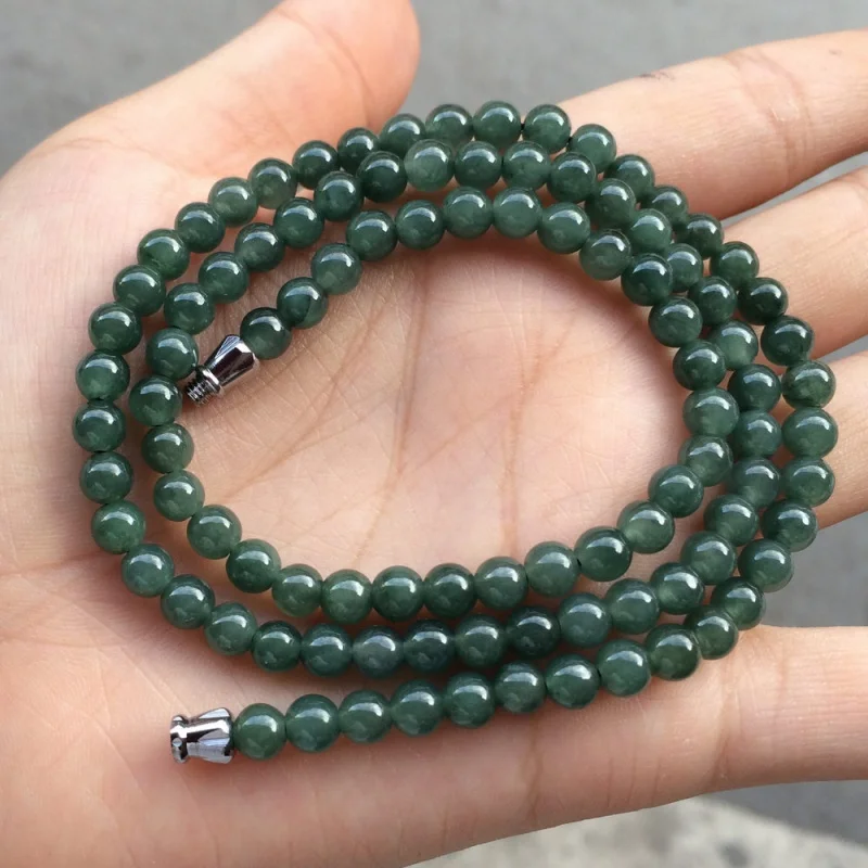 Burma Jadeite Mine Timber Oil Green round Beads Necklace Women's Sweater Chain Bracelet Pendant Lanyard