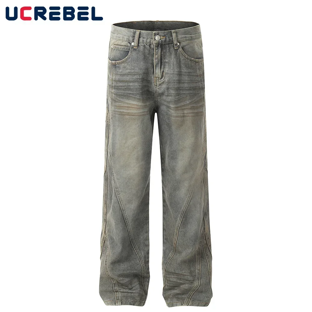 

Spliced Washed Distressed Denim Pants Mens High Street Pocket Straight Loose Wide Leg Dirty Wash Jeans Men Trousers