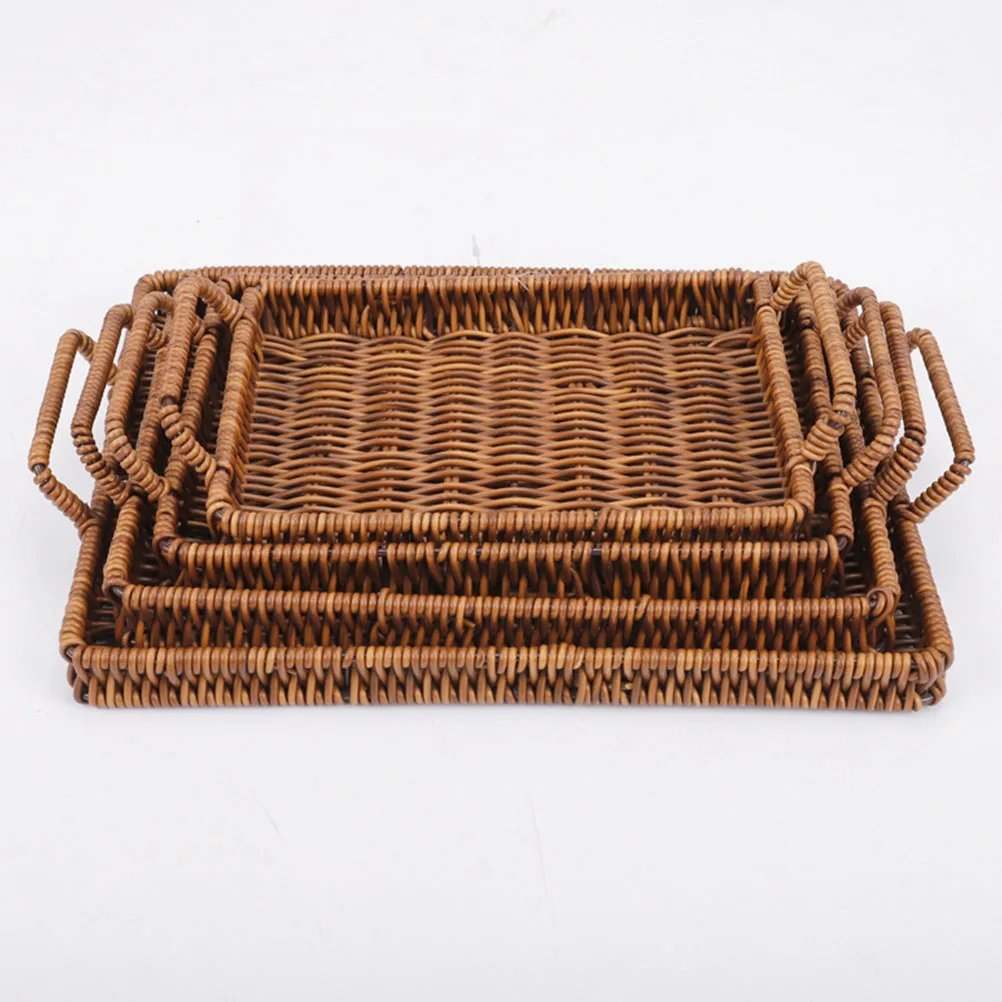 

Rectangular Handwoven Bread Basket Brown Plastic Storage Decorative Snack Fruit Holder Kitchen Pantry Home Office Use