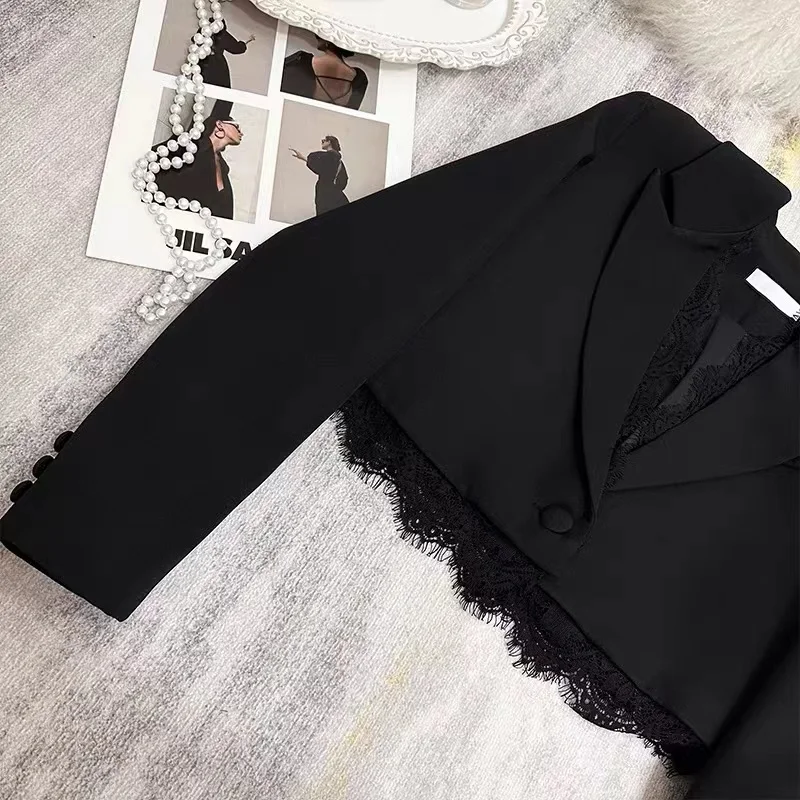 Curto elegante preto acolchoado ombro pequeno terno jaqueta feminina outono primavera roupas socialite renda terno blazer casaco coreano popular