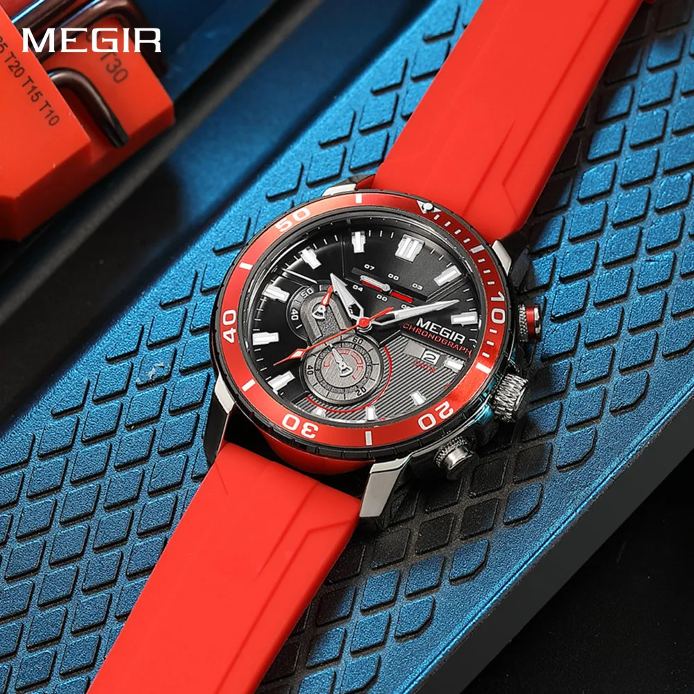 

MEGIR Men Watch Fashion Quartz Wristwatch Waterproof Luminous Date Men's Sport Chronograph Clock Silicone Strap Stylish Design