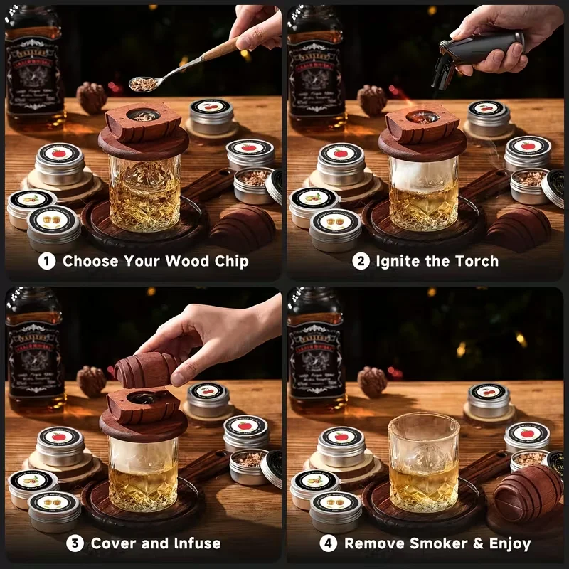 4/6 Flavors Whiskey Smoker Kit  Classic Cocktail Infuser Set with Wood Chips Smoker for Bourbon Whiskey Gifts, Birthday Present image 2