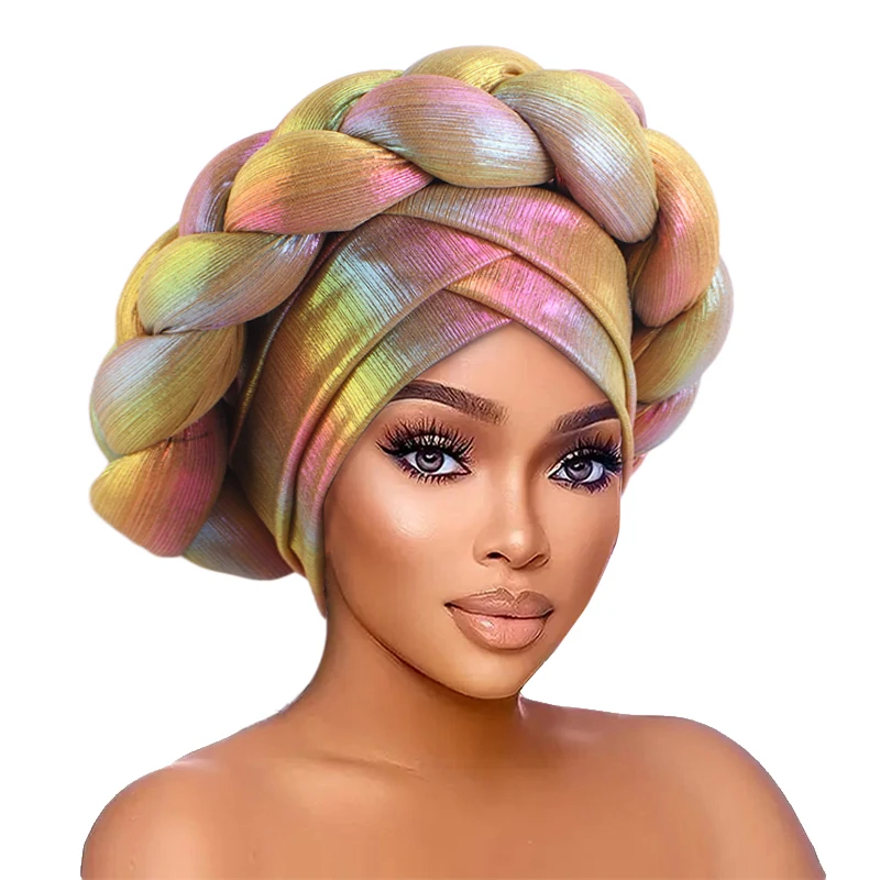 Muslim African Turban Headscarf With Big Braids Head Wrap Twisted Head Turbans Headwear Shinning Braid Hair Cover Accessories