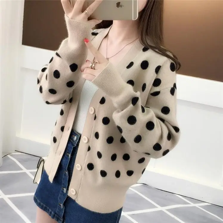 2023 autunno/inverno nuove donne a pois moda maglieria versione coreana maglione Slim Fit stile accademia cappotto Cardigan corto