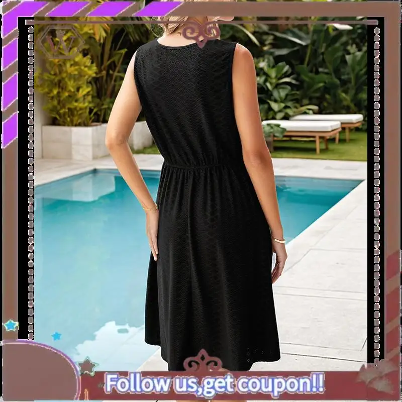 A95D-Womens Sleeveless Sundress Summer Casual Eyelet Button Down Short Dress Flowy Beach Tank Mini Dress With Pocket