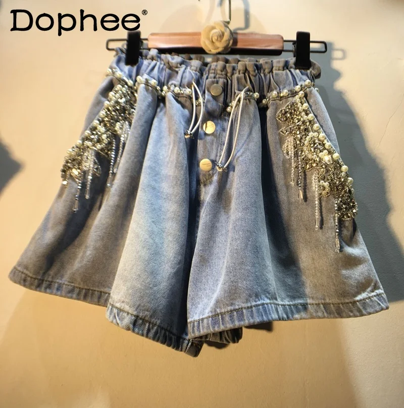 Denim Shorts Women 2024 Summer New Heavy Industry Tassel Bead Diamond-Embedded Elastic Waist Shorts for Women Jean Shorts