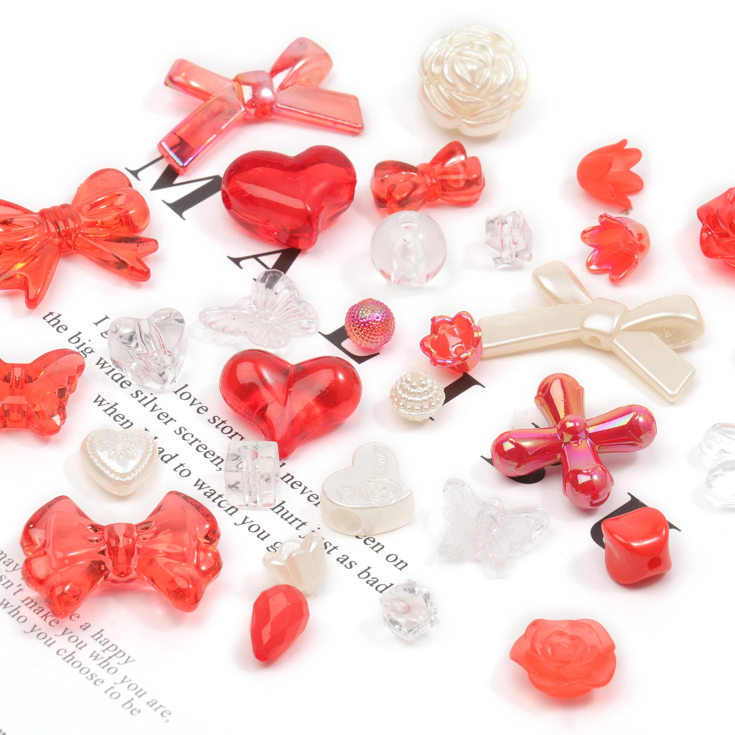 50g Red Color Random Mix Acrylic Beads Bow Heart Flower Beads For Phone Chain DIY Handmade Bracelet Jewelry Making Accessories