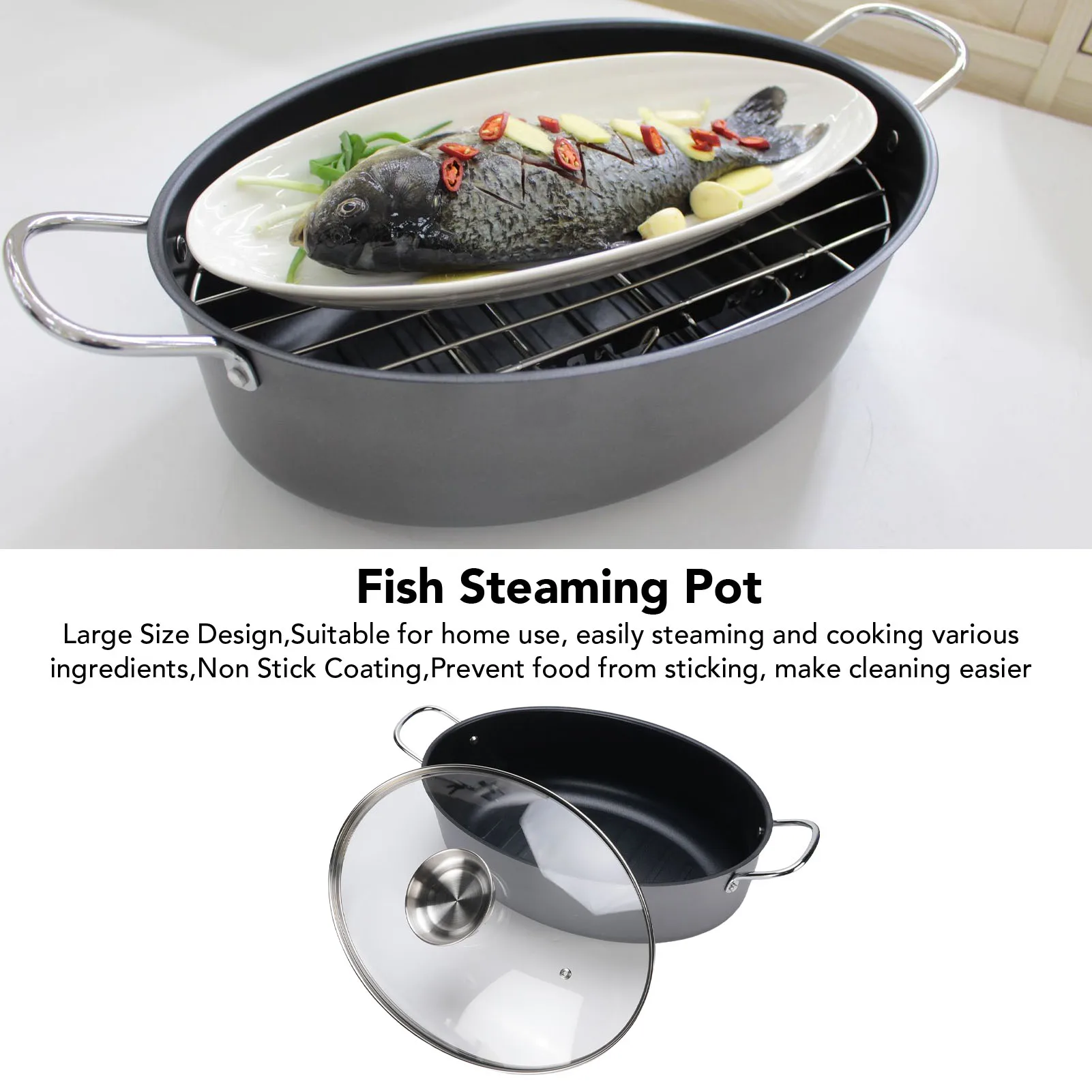 

Fish Pot Fish Steaming Pot Multi Functional Large Oval Non Stick Carbon Steel Fish Cooker Pot for Home Oval Pot Steamed Fish Pot