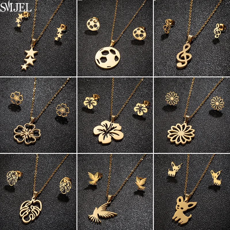 Stainless Steel Soccer Jewelry Sets for Men Bohemia Daisy Sakura Lily Flower Necklaces Tiny Music Earrings Women Pendientes