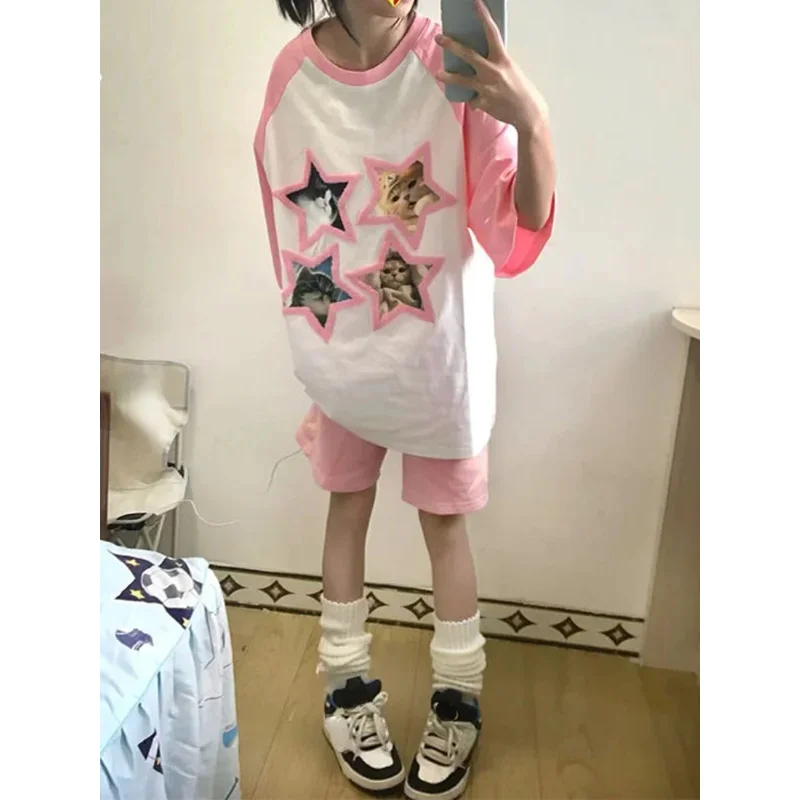 اليابانية Y2k الجمالية بلايز الحلو Kawaii الكرتون القط طباعة المرأة تي شيرت لطيف فضفاض عادية كل مباراة تي شيرت الصيف الجرونج