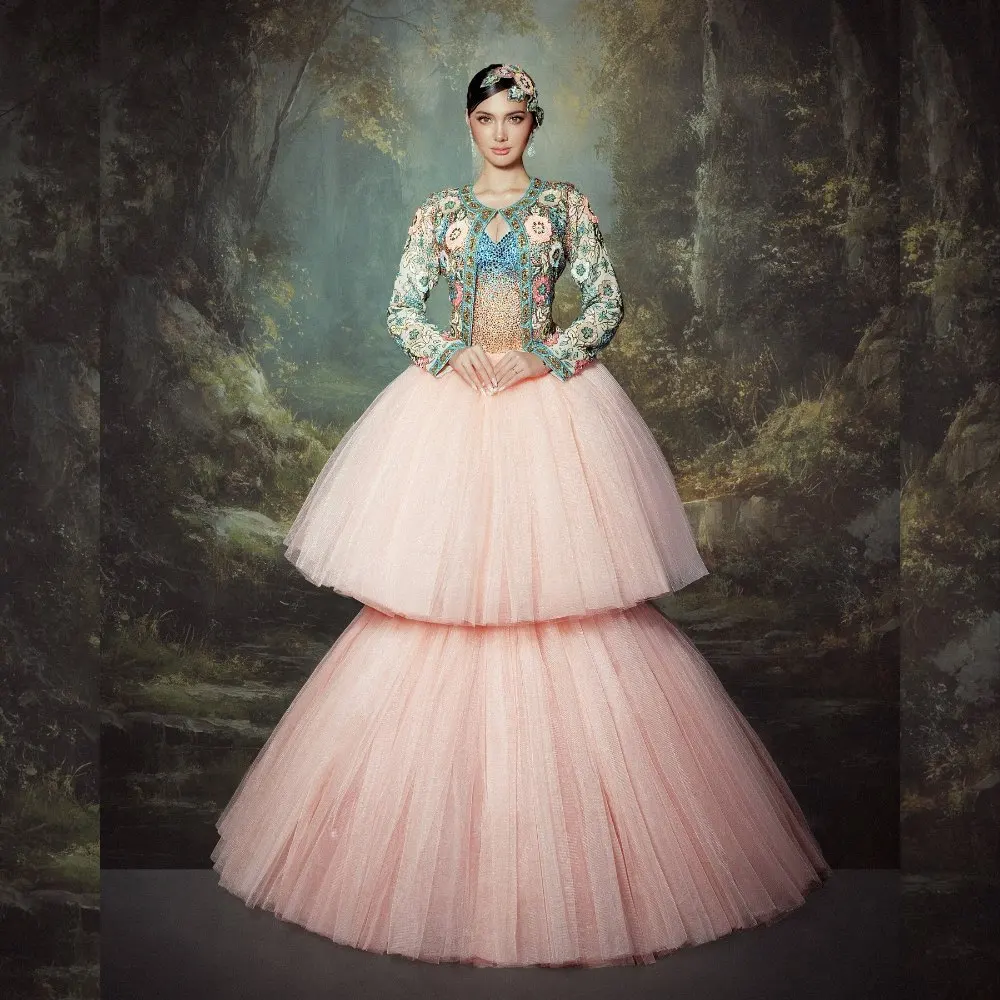 

Элегантная двухслойная тюлевая полуюбка — мягкий розовый, длиной до пола, трапеция, легкий плиссированный дизайн, очень пышные юбки-пачки 2026