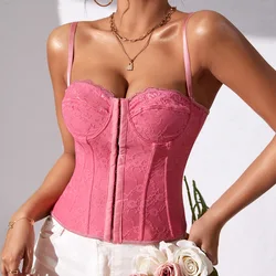 Sexy Embroidery Lace Women Camis Tops Women Corset Bralette Cami Front Buttons Crop Cute Vest Elegant French Chic Party Clubwear