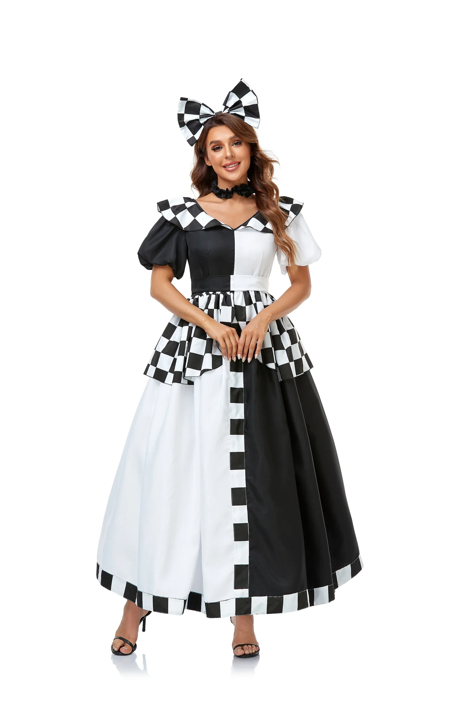 

Sexy Alice In Wonderland White Black Plaid Lolita Maid Cosplay Costume Halloween Naughty Funny Circus Clown Party Dress