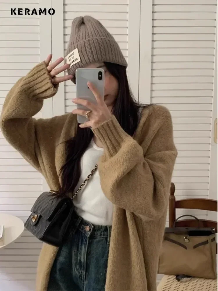 2024 Winter Vintage Style Solid Color X-long Cardigans Women\'s Fashion Casual Oversized Simple Knitting Long Sleeve Sweater