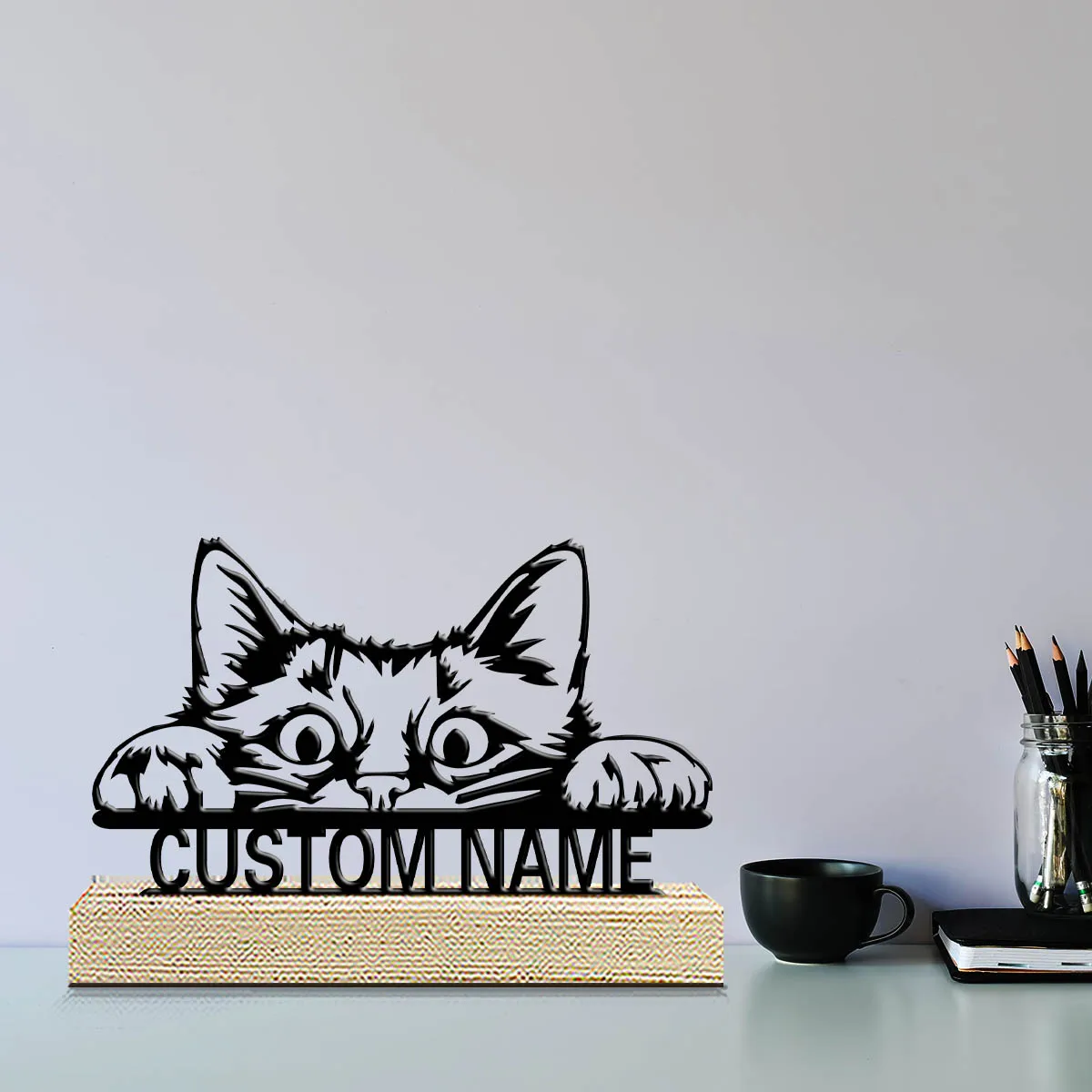 1pc Desktop Metal Ornaments Customizable Name With Wooden Base Bar Decoration, Holiday Gifts