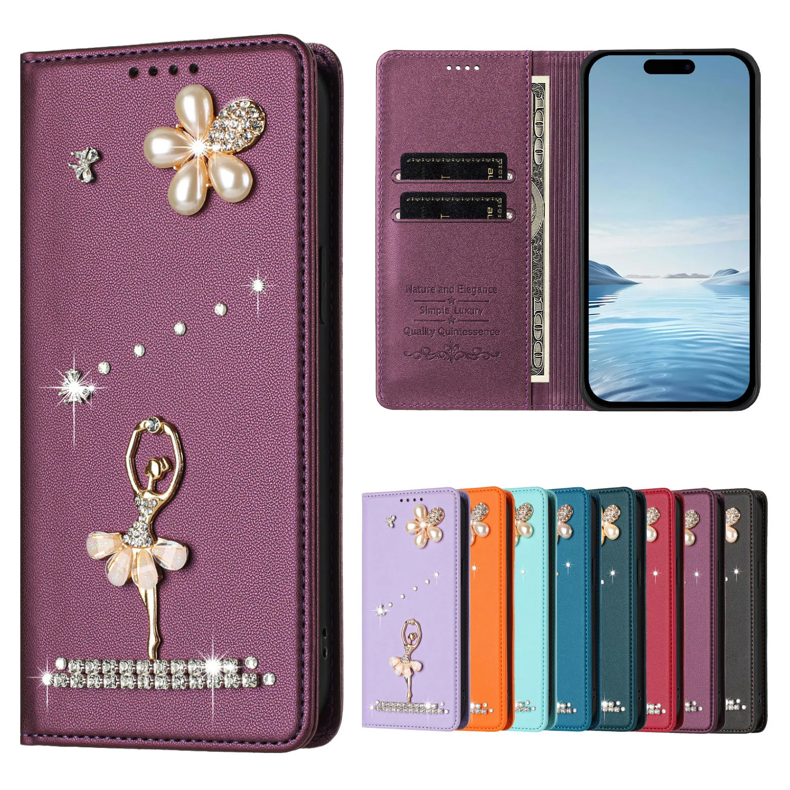Bling Flower Diamond Leather Flip Case For BLU View Speed 5 Pro C9 G95 G64 G54 G53 Bold K50 K10 N4 Magnetic 2 Cards Wallet Cover