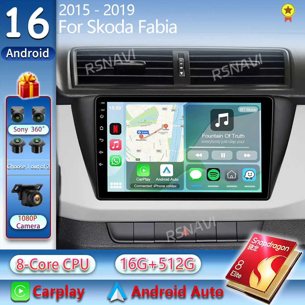 Android 16 For Skoda Fabia 2015-2019 2K QLED Android Car Radio Multimedia Video Player GPS AI Voice CarPlay 4G Navigation Stereo