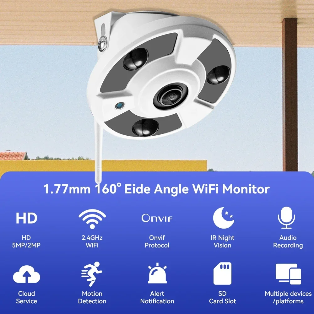 5MP 2MP Wifi камеры 1.7MM рыбий глаз объектив панорамные беспроводные IP-камеры ONVIF камеры аудио записи обнаружения движения