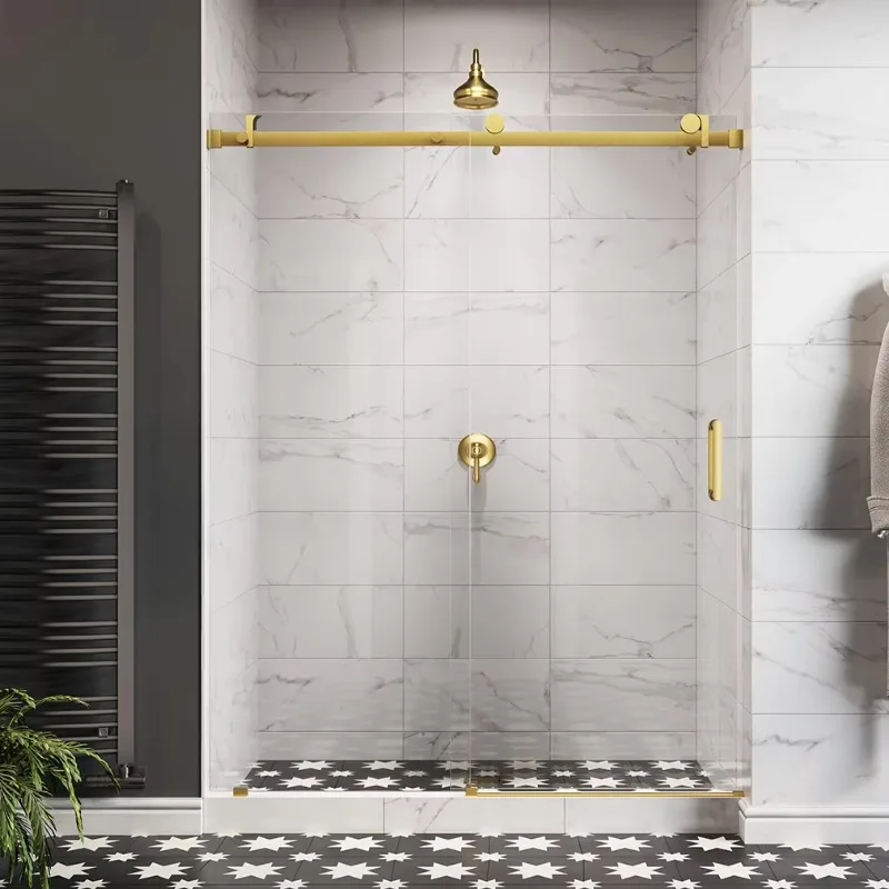 Stock US Frameless Bathroom Tempered Glass Shower Screen Hotel Satin Gold Single Shower Sliding Door
