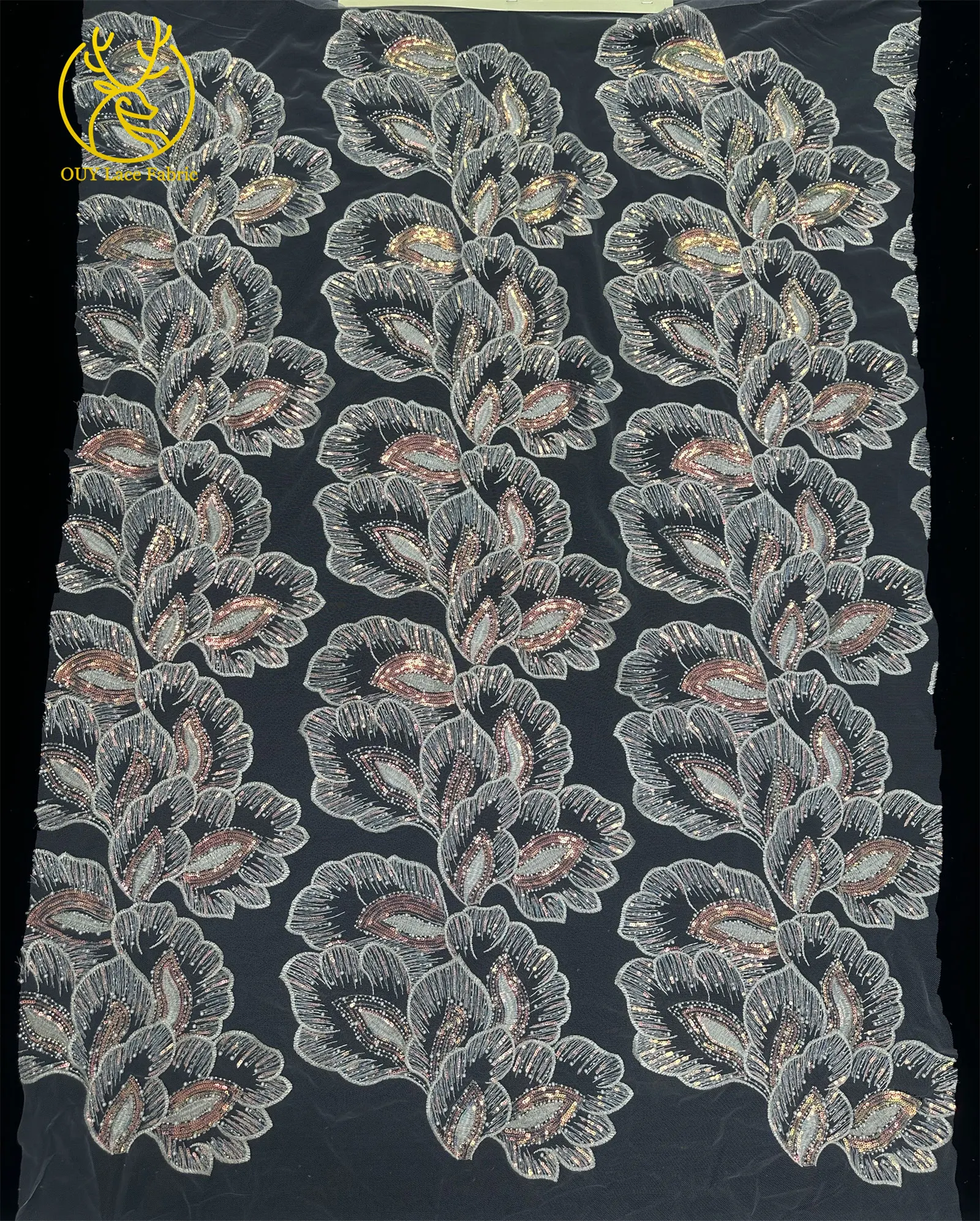 Eleganter afrikanischer Spitzenstoff mit Pailletten und Perlen, 5 Yards hochwertiger französischer Tüll-Spitzenstoff, nigerianischer Spitzenstoff für Braut- und Hochzeitsfeiern zum Nähen – Detail 6