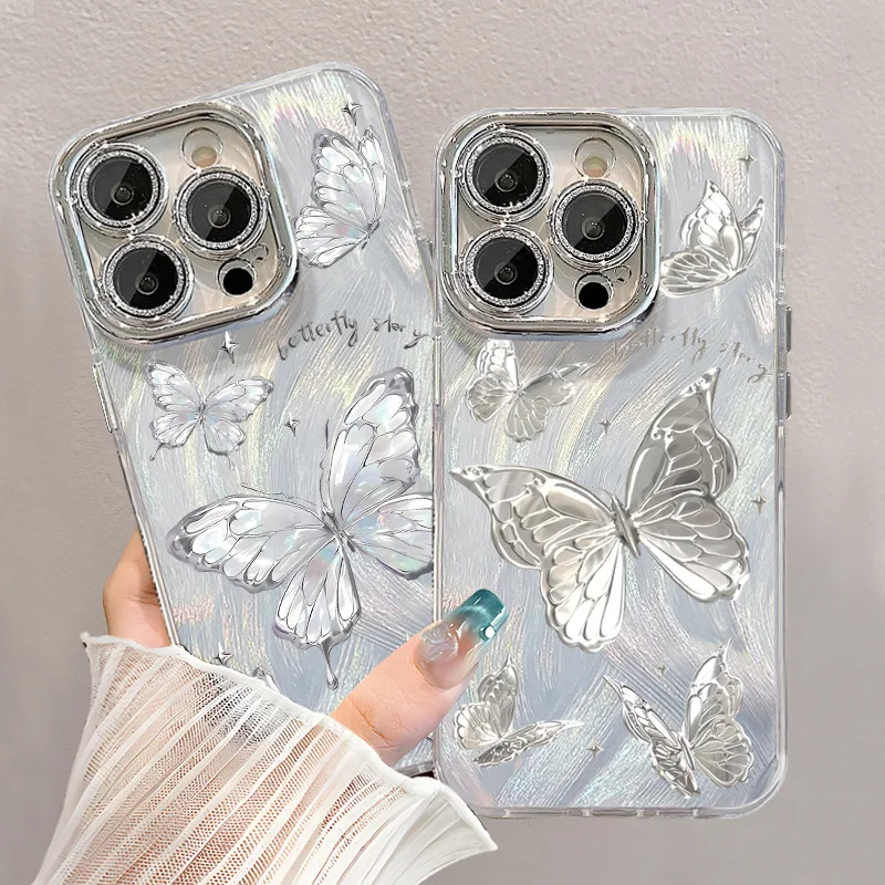 Luxury Laser Silver Butterfly Phone Cases for iPhone 16 Pro Max 11 12 13 14 15 Pro 7 8 Plus XSMax X XR Goggles Shockproof Cover