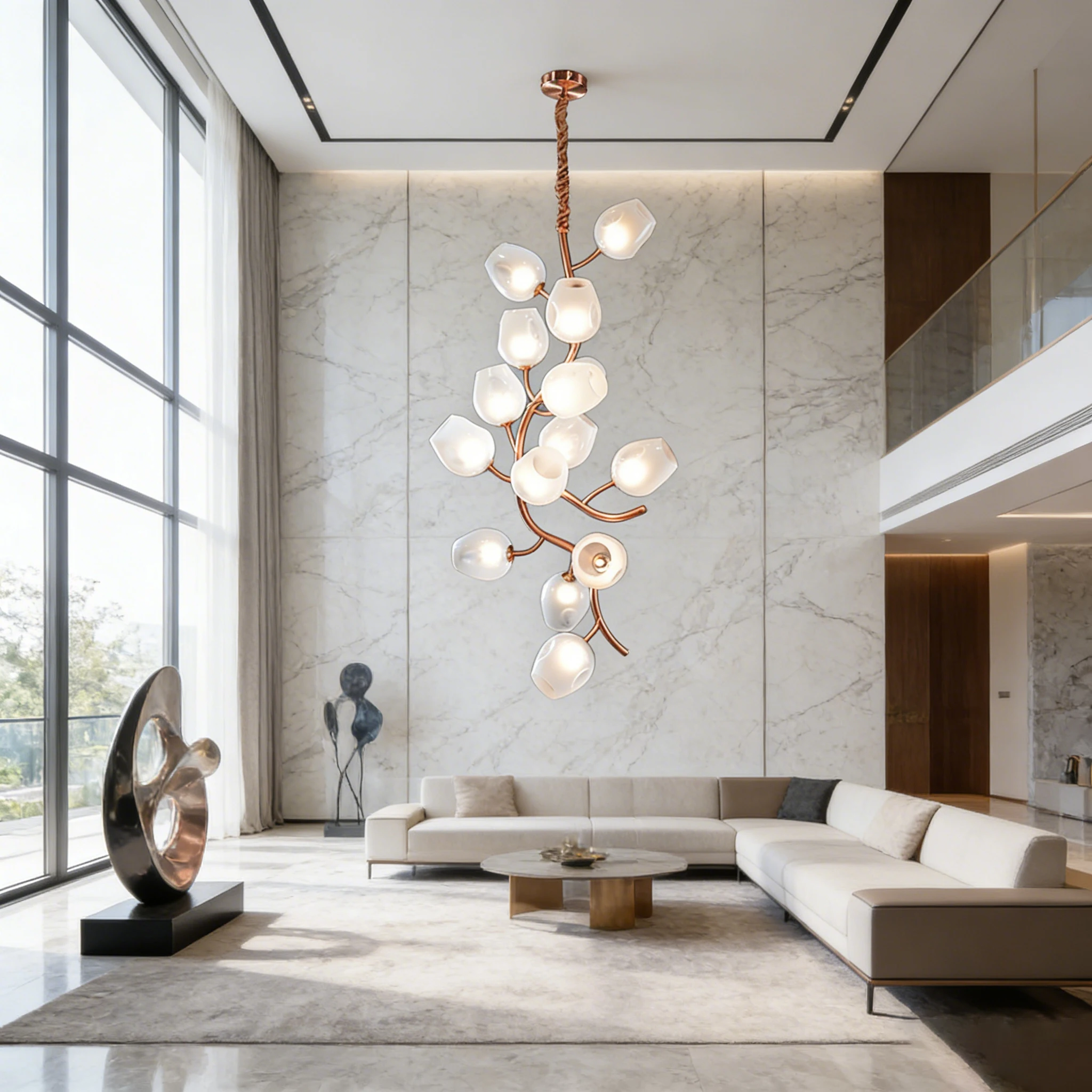 

BOSSEN Luxe Grapevine White Glass Copper Chandelier Adjustable Luster Dimmable Three-Color Pendant Light for Hotel Villa Living