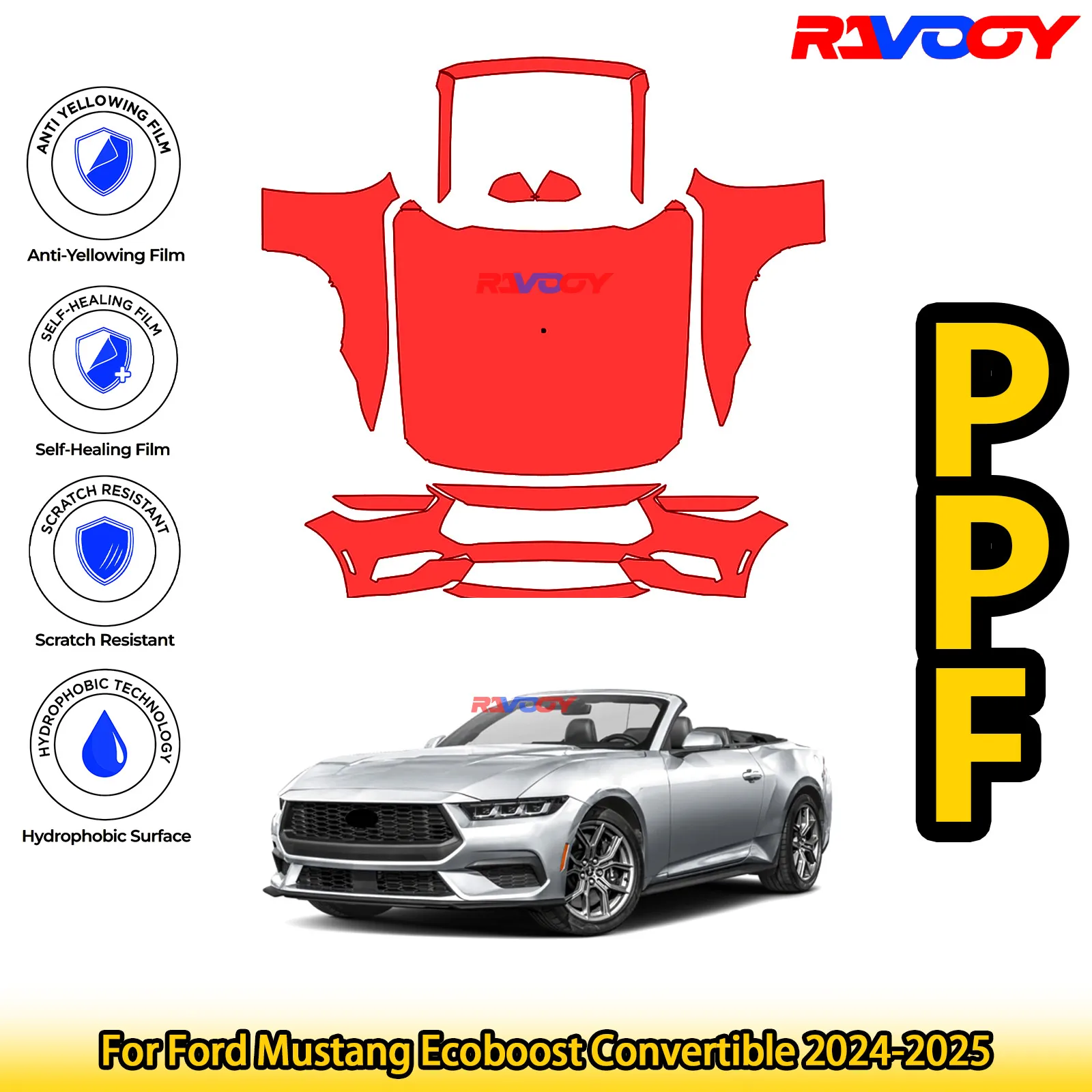 

Для Ford Mustang Ecoboost Convertible 2024-2025 глянцевый матовый черный предварительно вырезанный передний комплект PPF защитная пленка для краски