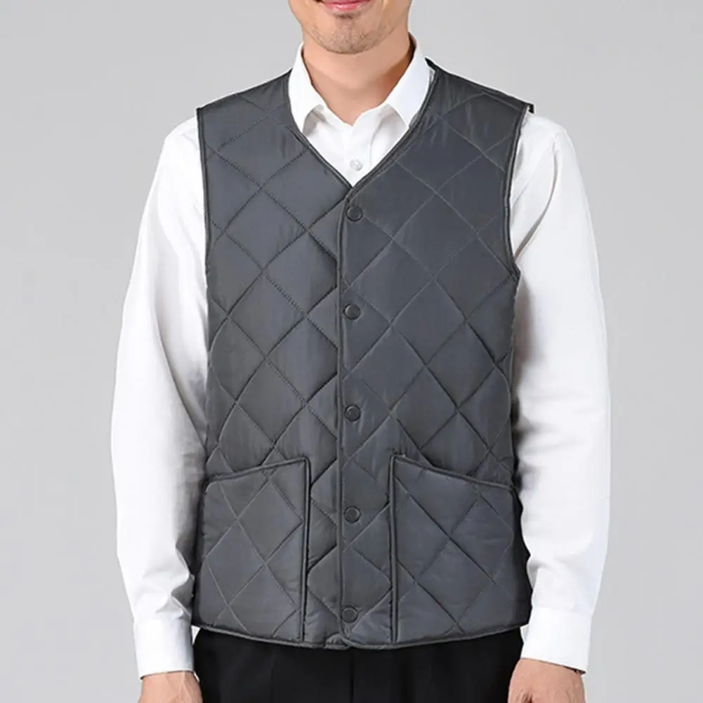 

Sleeveless Vest Men's Winter Down Padding Vest with Button Closure V-neck Cold-proof Sleeveless Jacket with Pockets Stylish Warm