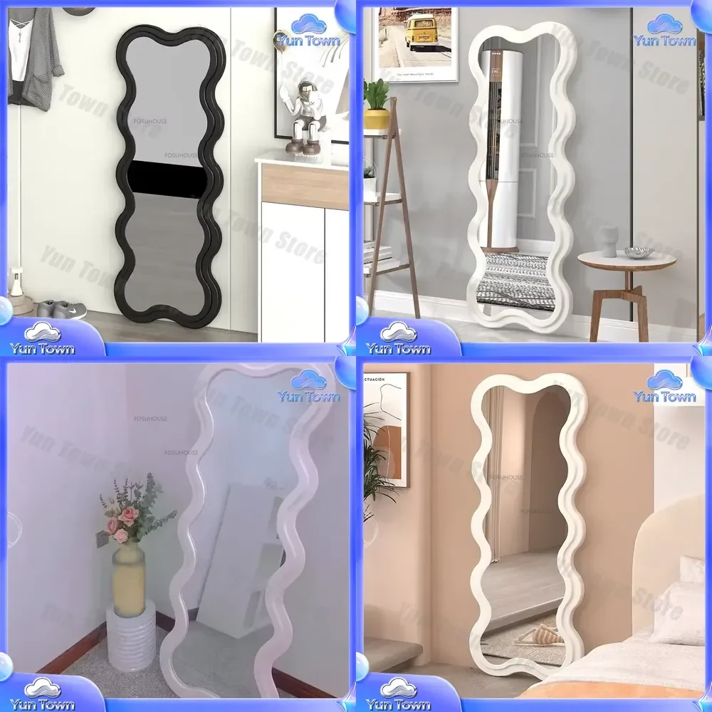 Nordic Silver Dressing Mirror for Girls Bedroom Wall Mirror Home Decor Ins Wave Shaped Full Body Mirror Living Room