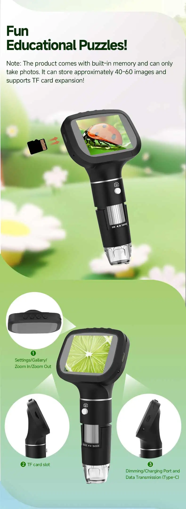 Dodosee 2.4 Inch Digital Microscope 1600X 1080P 8 Lights Handheld Kids Microscopes Supports Photo Video Magnifier Tools for Coin
