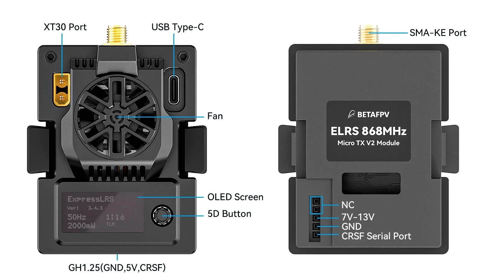 BETAFPV ELRS 마이크로 V2, 1W TX 모듈, ELRS 2.4G, 915MHz, 868MHz