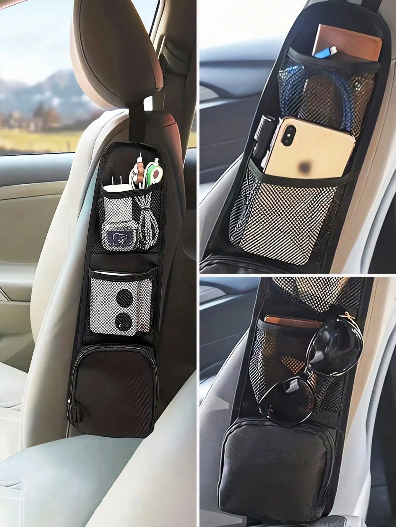 

Black Car Seat Organizer with Multi Pockets, Mesh Storage & Zipper Compartment for Phone, Sunglasses, Cables