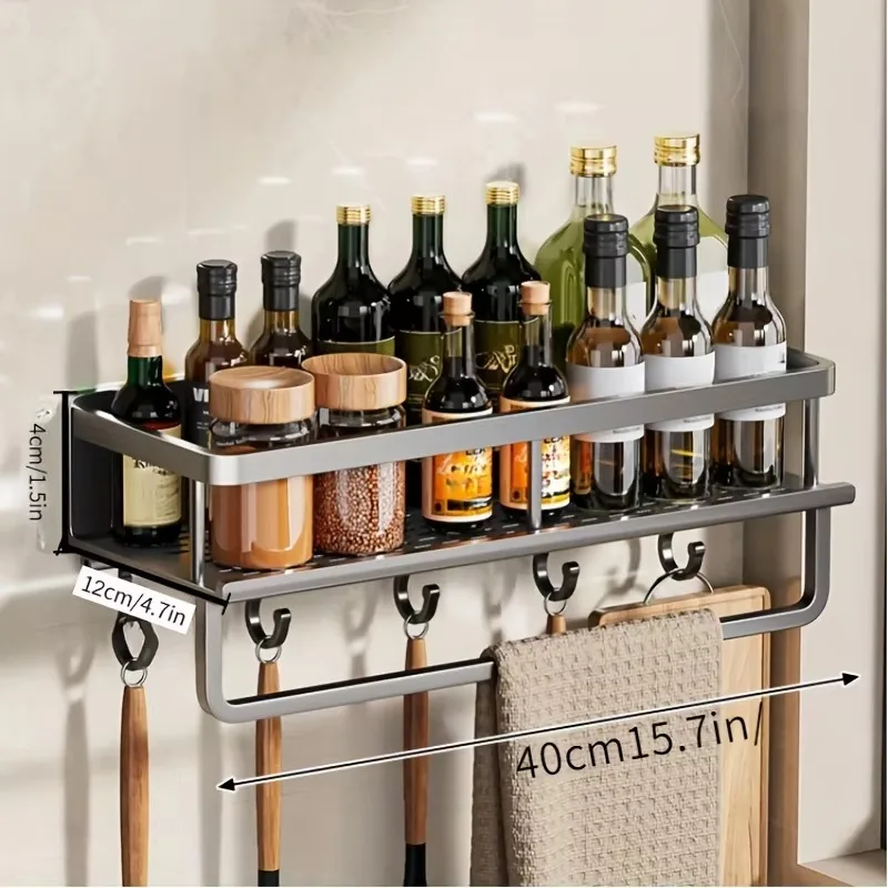 Aluminum Wall-Mounted Shelf Multifunctional Kitchen Spice Storage Rack Kitchen No Punching Required Kitchen Accessories