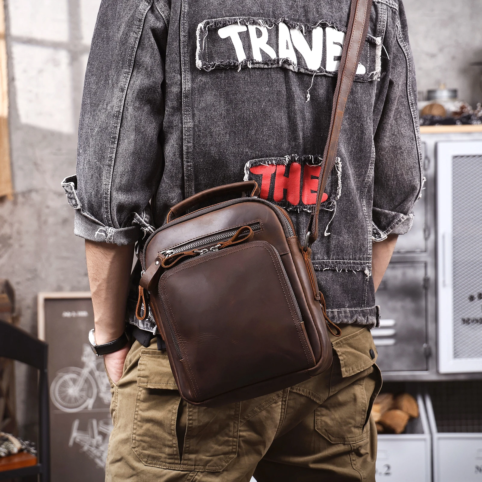 Vintage Leder-Umhängetasche für Herren, Lässige Crossbody-Tasche, Herren-Schultertasche aus Crazy-Horse-Leder, Handgefertigt – Detail 4