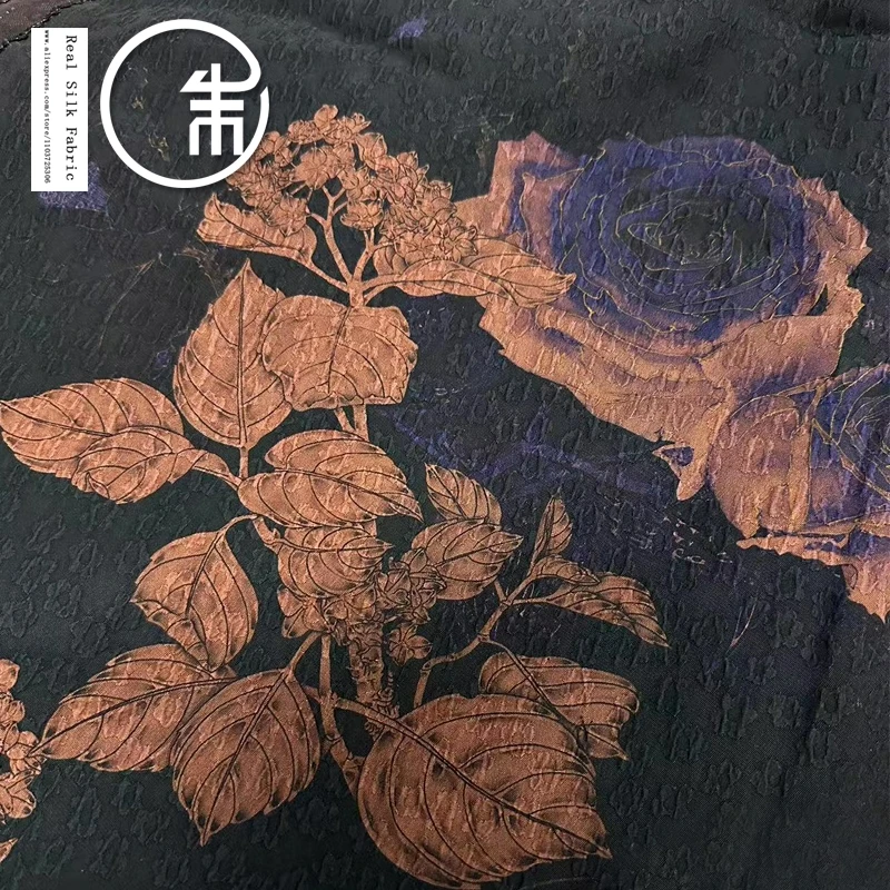 High Quality Black Rose Crown Crepe Yarn Fabric 30momme 100% Real Silk Designer Silk Cloth Clothing Skirt Cheongsam