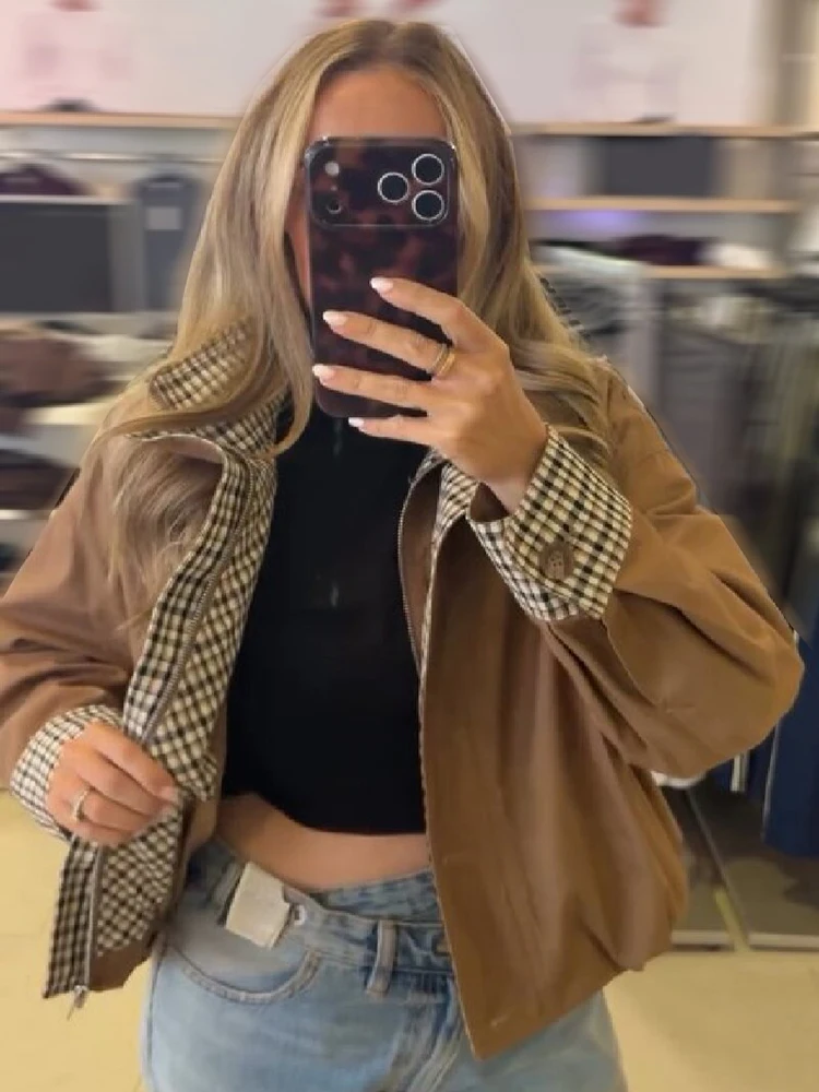Vintage Brown Plaid Lining Jacket Lady Chic Contrast Cuff Lapel Collar Button Drawstring Zipper Coat New Autumn Casual Outerwear