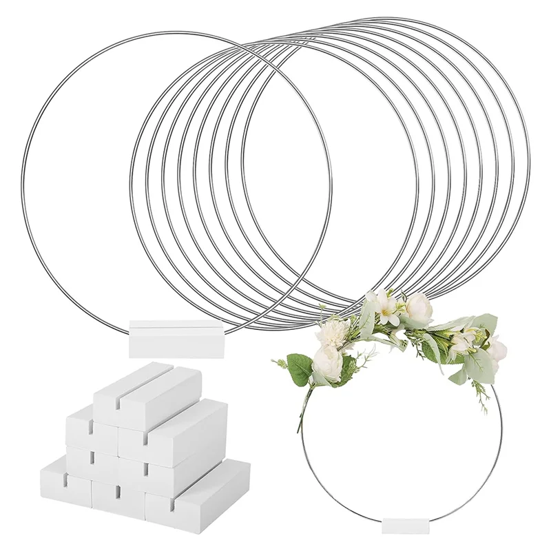 10 PCS 25cm Metal Floral Hoop Centerpiece for Table Wooden Stand Wreath Macrame Silver Hoop Rings for DIY Crafts(White)