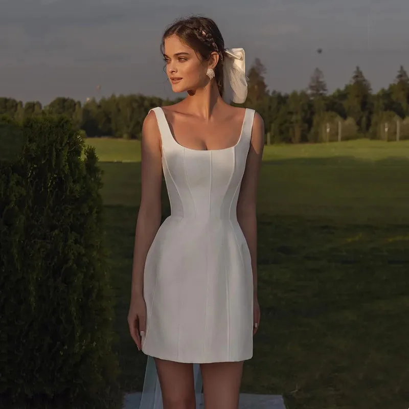 Minivestido de novia clásico con corte en A para mujer, vestidos de novia con cuello cuadrado, Sexy, con tirantes finos, Espalda descubierta, plisado, 2024